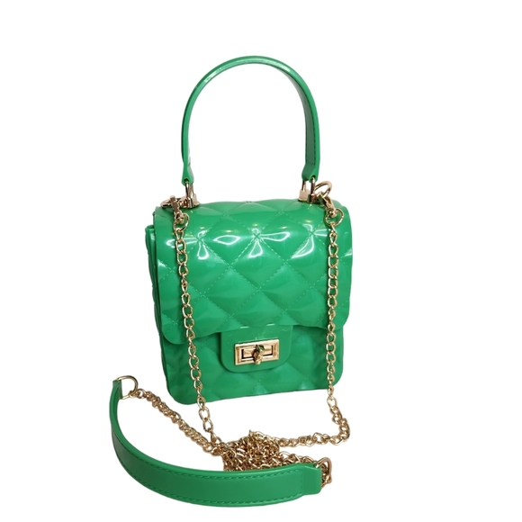 MINI JELLY BAG, GREEN, TOP HANDLE, detachable chain, gold tone EUC - Picture 6 of 9